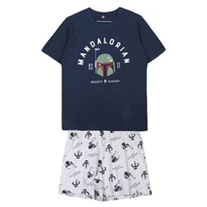 Pijama de hombre de Star Wars, camiseta azul marino con diseño de Mandalorian y pantalón gris con estampado de cascos, talla XXL.