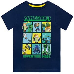 Camiseta azul de Minecraft para niños con personajes de Creeper y Steve en diseño de viñetas.