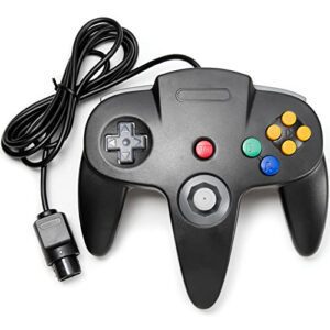 Controlador de juego retro negro para consola N64 de tres agarres.