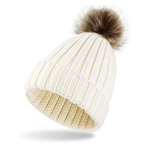 Gorro de algodón blanco con pompón marrón de felpa sintética, marca Lusofie.