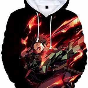 Sudadera con capucha negra con impresión de personaje de anime con llamas.