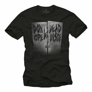 Camiseta negra con diseño "Don't Open, Dead Inside" inspirada en The Walking Dead, marca MAKAYA.