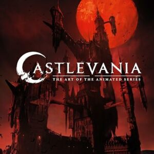 Portada del libro "Castlevania: The Art of the Animated Series" con un castillo oscuro y una luna roja.