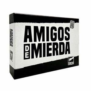 Juego de tablero "Amigos de Mierda" de BURO, caja negra y blanca.