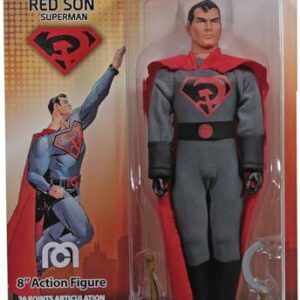 Figura de acción de Superman Red Son de 8 pulgadas, en traje gris con capa roja.