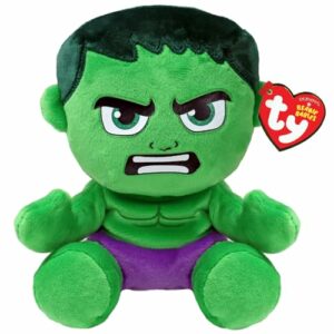 Muñeco de peluche de Hulk verde con pantalones morados y etiqueta roja de Ty.