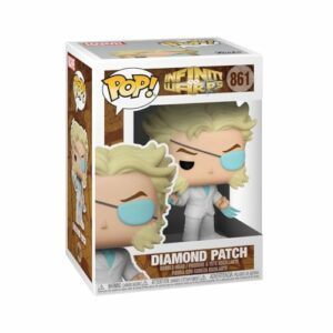 Funko Pop! Marvel Infinity Warps: Diamond Patch con traje blanco y parche en el ojo.