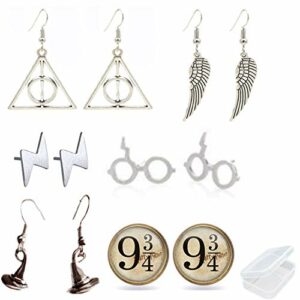 Conjunto de aretes temáticos Harry Potter con caja joyero transparente.