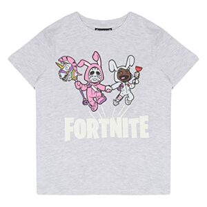 Camiseta gris de Fortnite con dibujo de conejos y el logo grande en el centro.