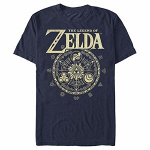 Camiseta azul marino de The Legend of Zelda con círculo simbólico dorado en el centro.