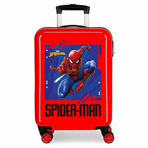 Maleta de cabina roja con diseño de Spiderman en acción.