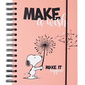 Cuaderno A5 rosado con Snoopy y un diente de león, con el texto "MAKE A WISH".