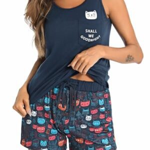 Conjunto de pijama de mujer con camiseta sin mangas azul y pantalones cortos con estampado de gatos.