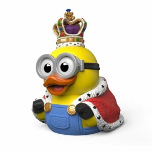 Figura coleccionable de pato de goma de vinilo disfrazado de Minion "King Bob" con capa y corona.