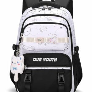 Mochila escolar negra y blanca con diseño kawaii y colgante en forma de gato.