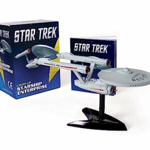 Modelo iluminado de la nave espacial USS Enterprise de Star Trek junto a su caja de Running Press Mini Editions.