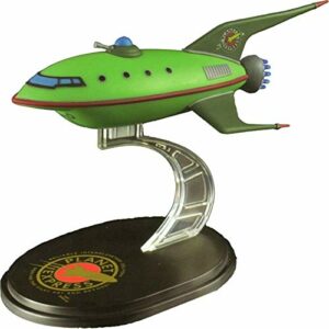 Modelo de nave Planet Express de Futurama sobre base, de color verde.