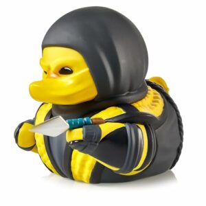 Figura coleccionable de pato de goma, caracterizada como Scorpion de Mortal Kombat.