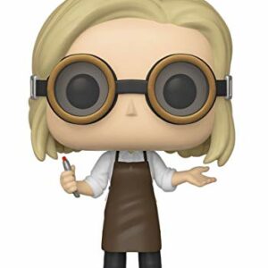 Figura Funko Pop de la 13ª Doctora con gafas y bata de trabajo.