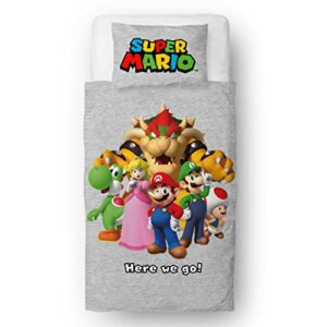 Juego de funda de edredón individual de Super Mario con personajes y texto "Here We Go".