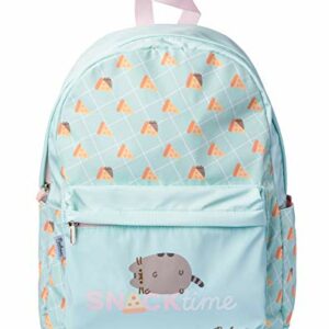 Mochila escolar azul claro con diseño de Pusheen y comida, ideal para niñas.