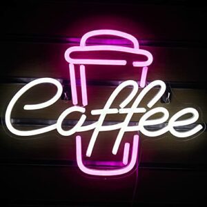 Letrero de neón LED con la palabra "Caffee" y una taza en colores rosa y blanco.