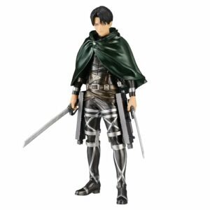 Figura de acción de Levi de Attack on Titan con capa verde y espadas.