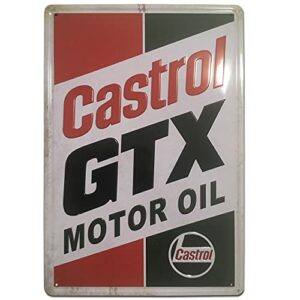 Placa metálica retro de Castrol GTX Motor Oil en diseño vintage para decoración.