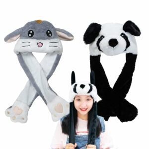 Gorros de peluche con orejas largas en forma de hámster gris y panda negro y blanco.