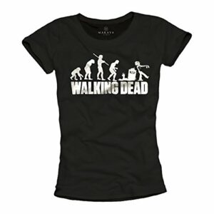 Camiseta negra de mujer con diseño de evolución zombie y logo de The Walking Dead.