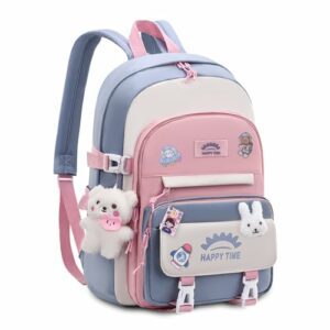 Mochila escolar azul y rosa para niñas con colgantes de peluche y diseño kawaii.