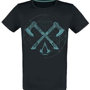 Camiseta negra de hombre con diseño de hachas de Assassin's Creed Valhalla.