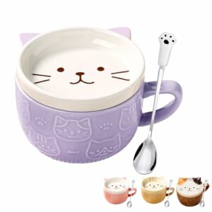 Taza de cerámica morada con diseño de gato kawaii, tapa y cuchara.