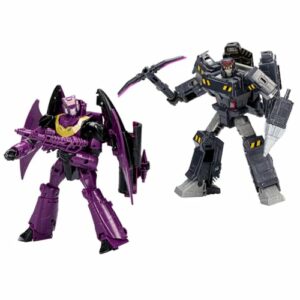 Dos figuras de Transformers: Senator Shockwave de 17 cm y Data Clerk Orion Pax de 14 cm, en colores morado y gris, respectivamente.