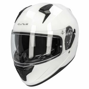 Casco integral blanco brillante con visor ahumado y diseño moderno.