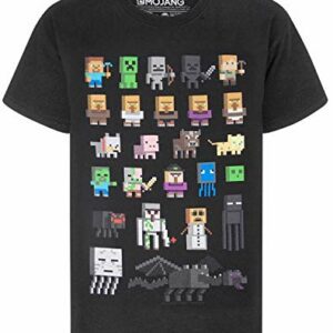 Camiseta negra de niños con personajes de Minecraft en el frente.