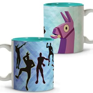 Taza de cerámica Fortnite con diseños de personajes y llama.