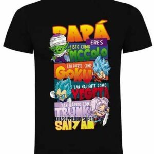 Camiseta de Dragon Ball para el Día del Padre con diseño de personajes y texto colorido.