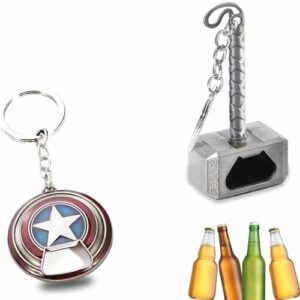 Abrebotellas y llavero de Capitán América y martillo de Thor para cervezas.