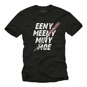 Camiseta negra con la frase "Eeny Meeny Miny Moe" y un bate con alambre de púas.