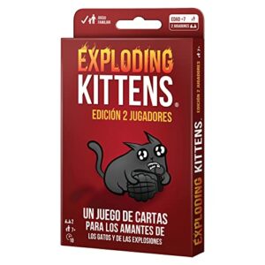 Caja de "Exploding Kittens Edición 2 Jugadores" en español con imagen de un gato sosteniendo una granada.