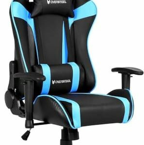 Silla gaming profesional Oversteel en color negro y azul con cojín lumbar y soporte cervical.