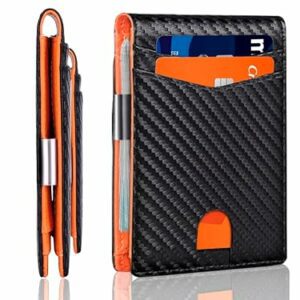 Monedero tarjetero de hombre BestZings, color naranja y negro con textura de fibra de carbono.