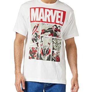 Camiseta blanca de hombre con diseño de Marvel y viñetas de cómic.