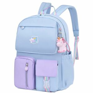 Mochila azul clara y lila con colgante de unicornio, estilo kawaii, de la marca WYCY.