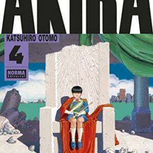 Portada del manga Akira B/N 04, con un personaje sentado en un trono bajo grandes letras negras.