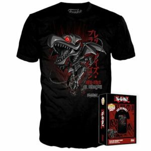 Camiseta negra con imagen del dragón "Red-Eyes B. Dragon" de Yu-Gi-Oh! y caja decorativa.