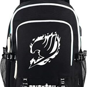 Mochila negra de Fairy Tail con logotipo blanco y correas ajustables.