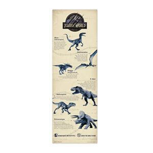 Póster decorativo de puerta con dinosaurios de Jurassic World en tonos azules.