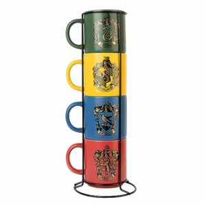 Juego de 4 tazas de café Harry Potter con escudos de casas y soporte.